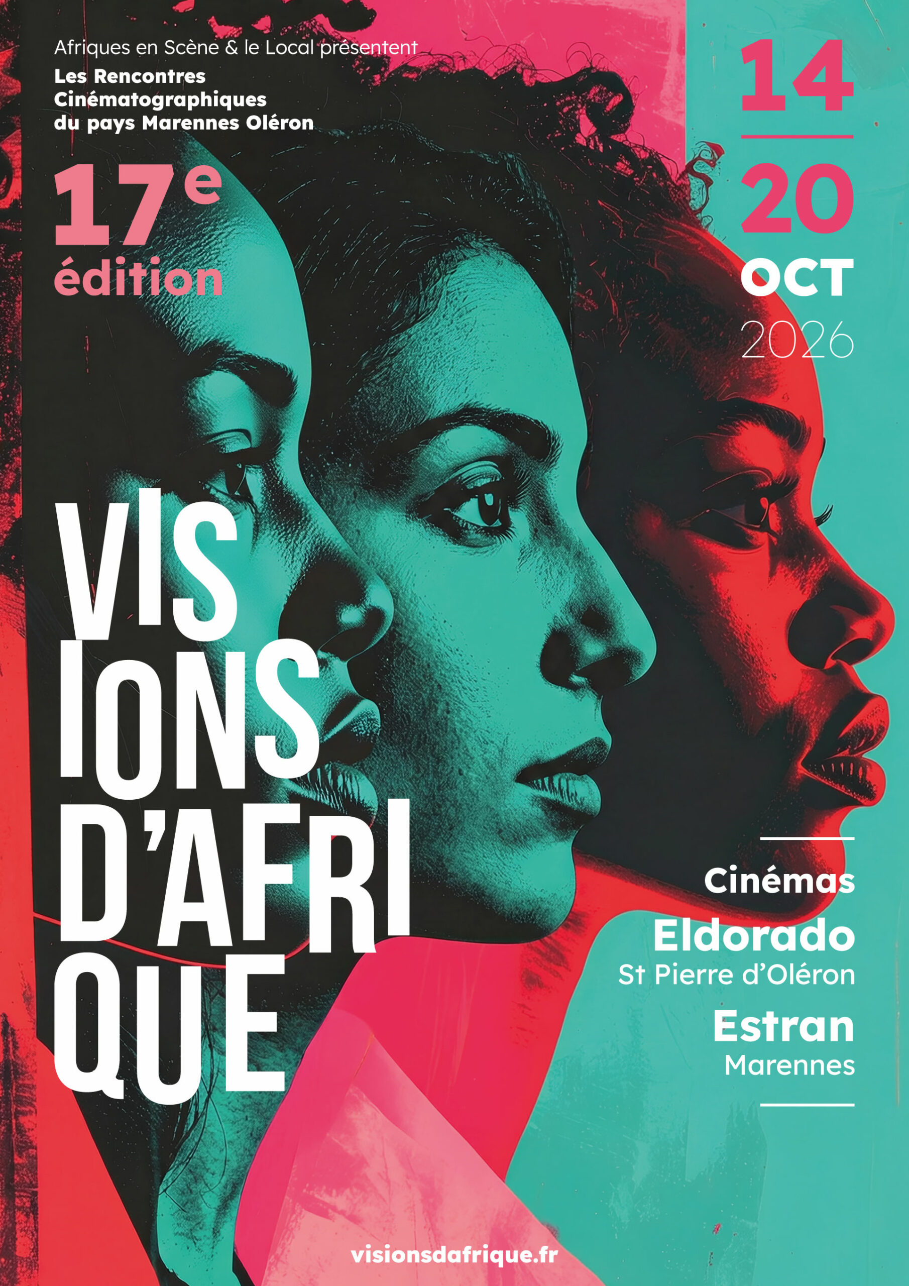 VISIONS-D-AFRIQUE_AFFICHE_2026 Festival Visions d'Afrique - 17e édition - Du 14 au 20 octobre 2026 - Les rencontres cinématographiques du pays Marennes Oléron. Films, littérature, cinéma, scolaires, expositions, festival Marennes Festival Oléron, Afrique, festival films africains